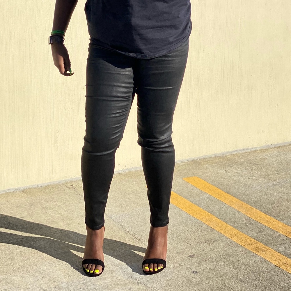 Black leather look skinny jeans